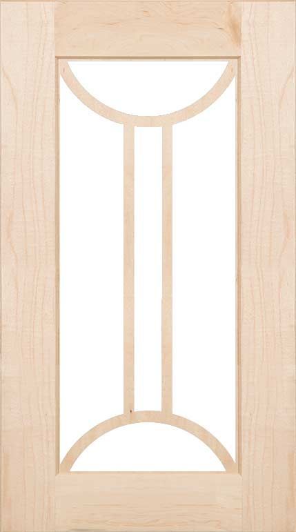 A wooden cabinet door with a glass insert on a white background.