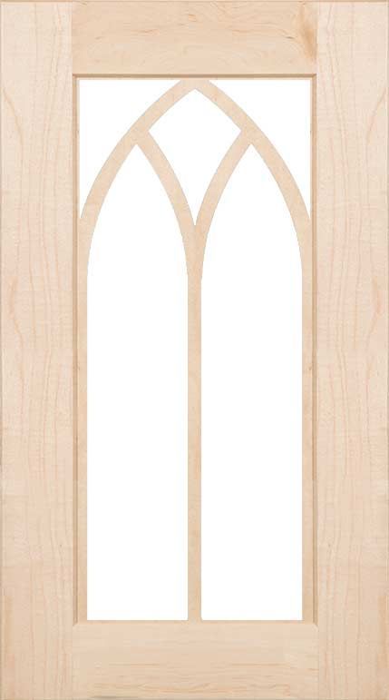 A wooden door with a stained glass window on a white background.