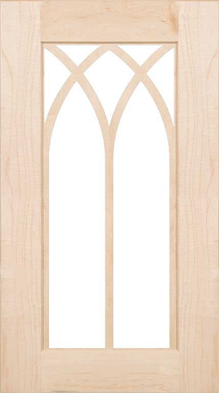 A wooden door with a stained glass window on a white background.