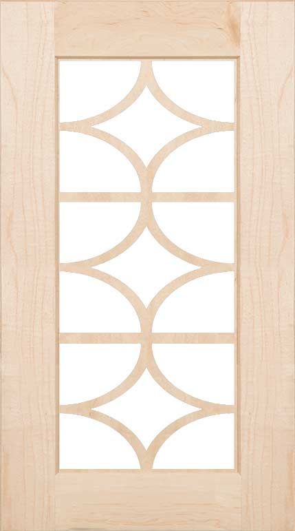 A wooden door with a geometric pattern on it on a white background.
