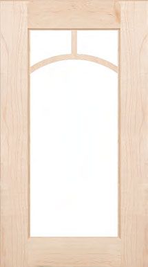 A wooden door with a clear glass window on a white background.