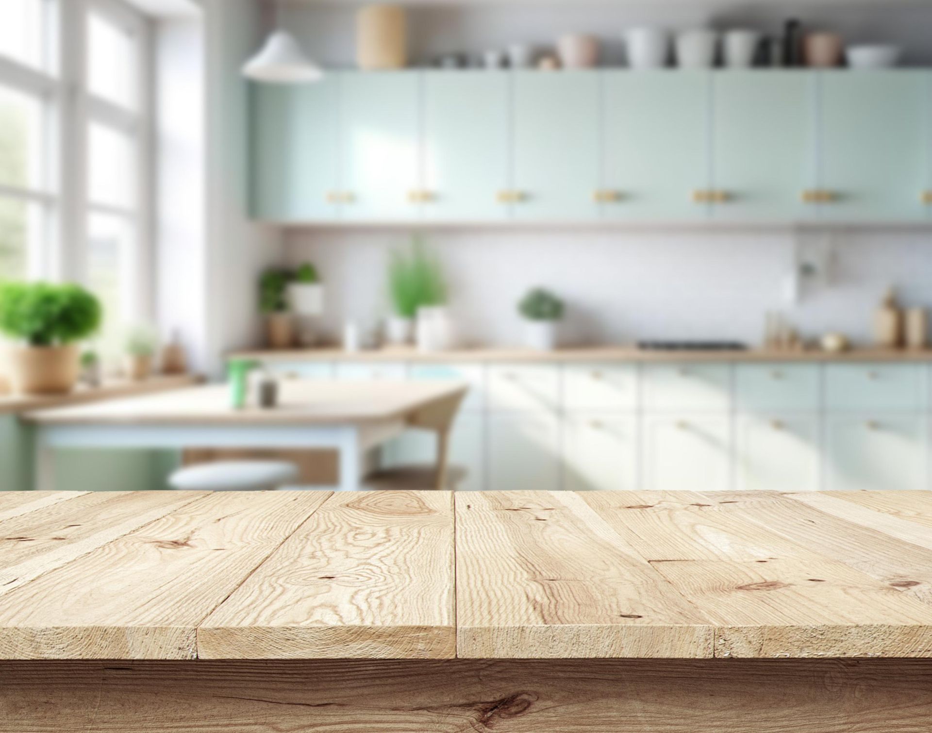 There is a wooden table in the foreground and a kitchen in the background.