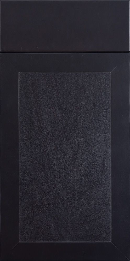 Black cabinet door with a textured, dark gray center panel.