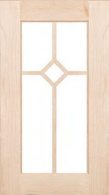 A wooden cabinet door with a stained glass design on a white background.