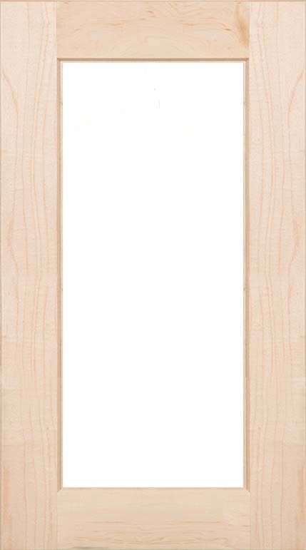 A wooden frame with a clear glass window on a white background.