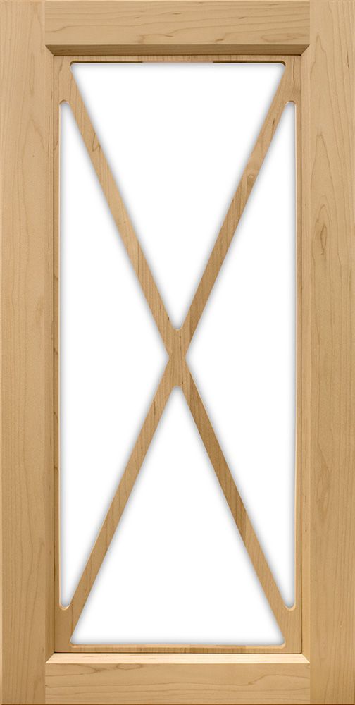 Wooden cabinet door with an X-shaped glass panel.