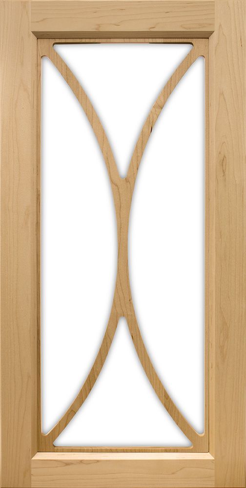 Wooden cabinet door with arching decorative wood detail and clear glass panel.