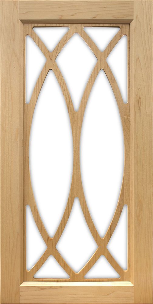 Wooden cabinet door with decorative arched lattice, white backing.