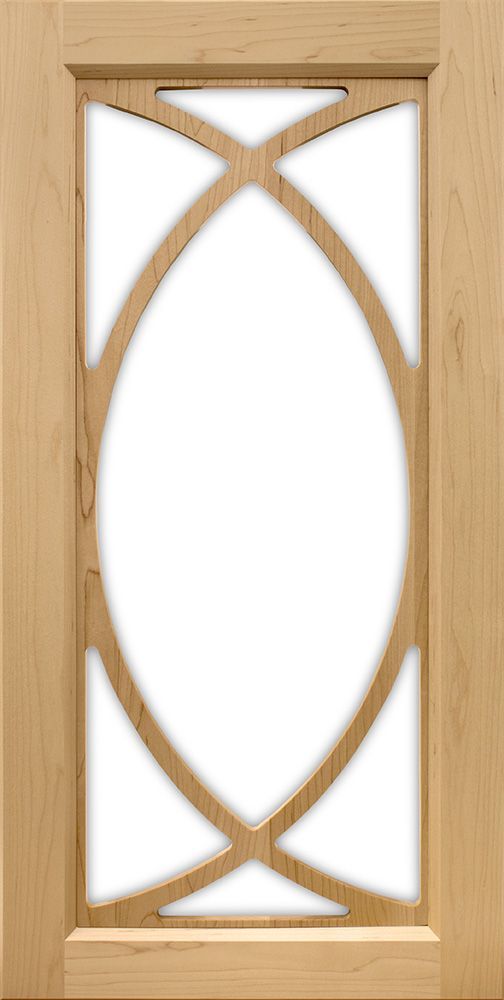 Wooden cabinet door with an oval cut-out design and a white background.