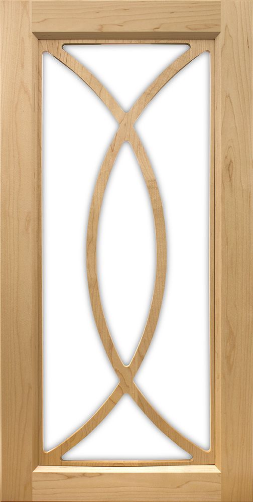 Wooden cabinet door with a decorative intersecting arch design and a central white panel.