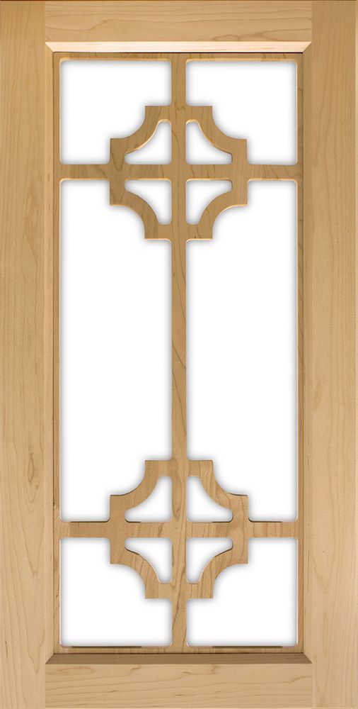 Wooden door with a geometric decorative cutout and glass panel.