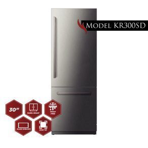 A stainless steel refrigerator freezer with a stainless steel door and a stainless steel bottom freezer.