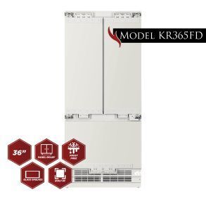 A white refrigerator freezer with red icons on a white background.