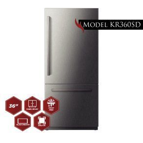 A stainless steel refrigerator is sitting on a white surface.