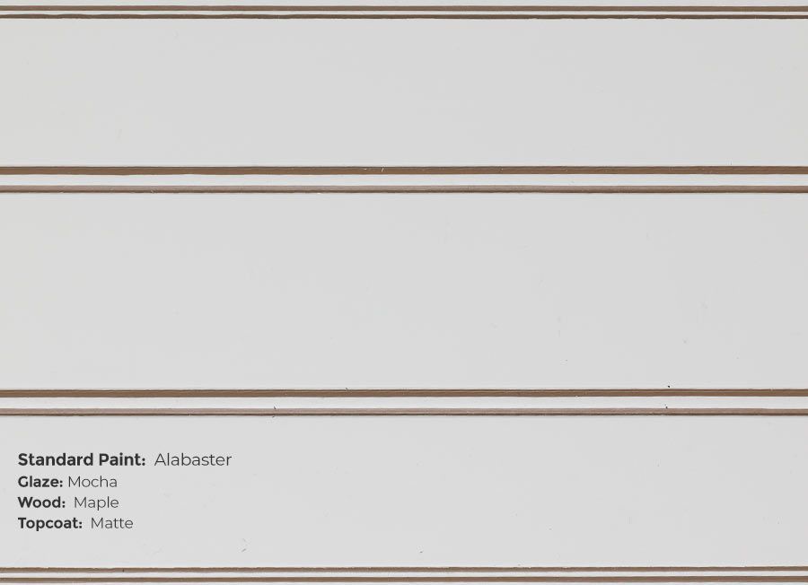 A close up of a white cabinet door with a brown trim.