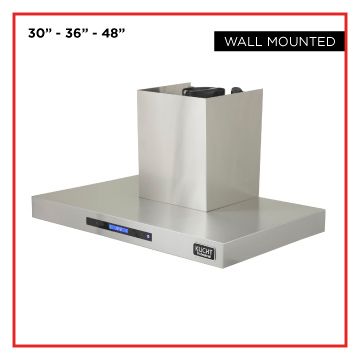 A stainless steel wall mounted hood with a digital display.