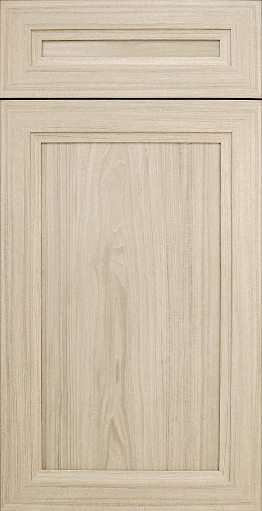 Beige kitchen cabinet with rectangular panel and top drawer. Woodgrain texture.