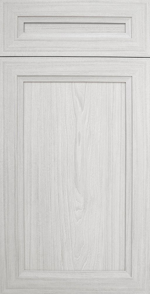 White wooden kitchen cabinet door with a framed center panel.