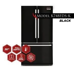 Black French door refrigerator with model K748FDS-K and feature icons.