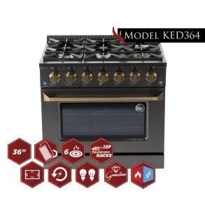 Black and gold gas range stove with six burners and oven, model KED364.