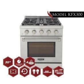 Stainless steel kitchen range with six burners and oven; model KFX300.