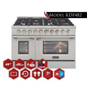 A stainless steel stove with four burners and a double oven.