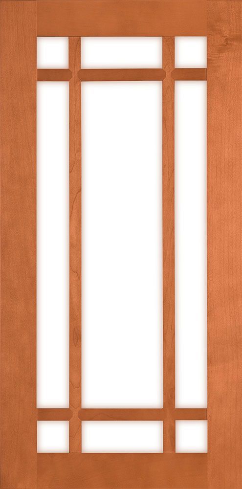 Wooden door with a rectangular glass panel, framed by horizontal and vertical wooden bars.