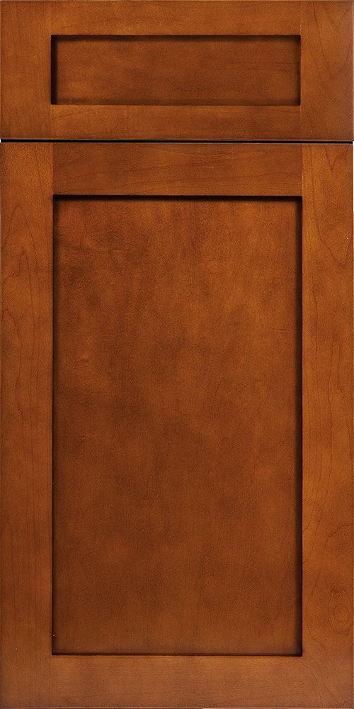 Wooden kitchen cabinet door in a medium-brown finish.