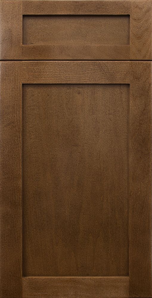 Brown wooden kitchen cabinet door with recessed panel.