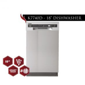 A stainless steel dishwasher is sitting on a white surface.