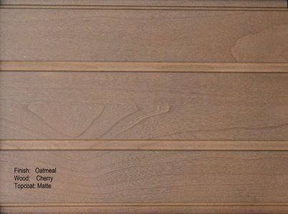 Wood paneling with oatmeal finish and cherry wood, matte topcoat.