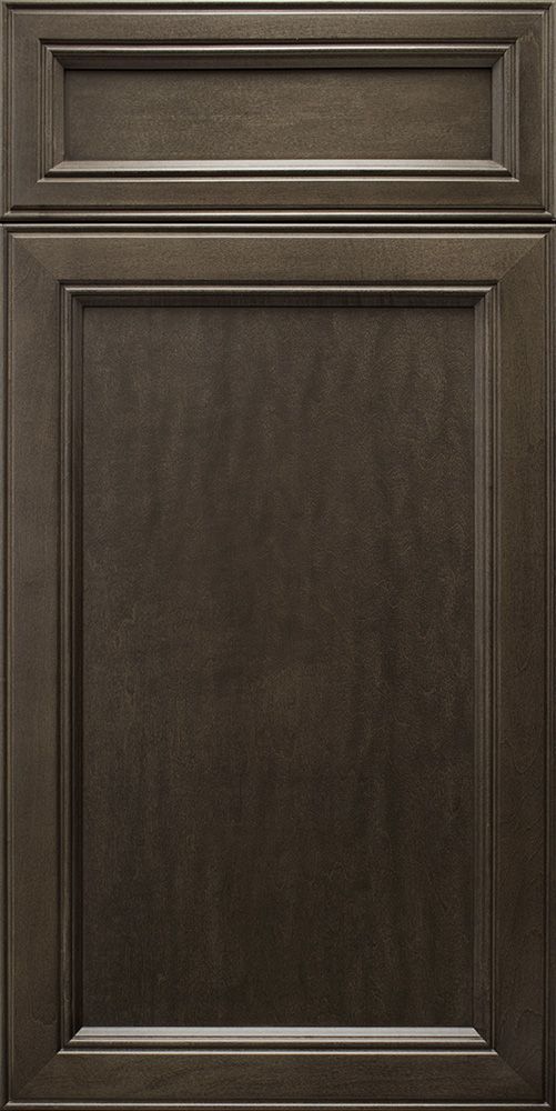 Dark brown, framed cabinet door with raised center panel.