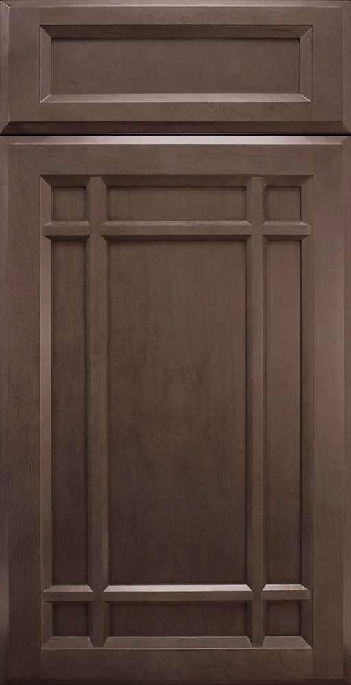 Dark brown, Craftsman-style cabinet door with a framed rectangular center panel and grid overlay.
