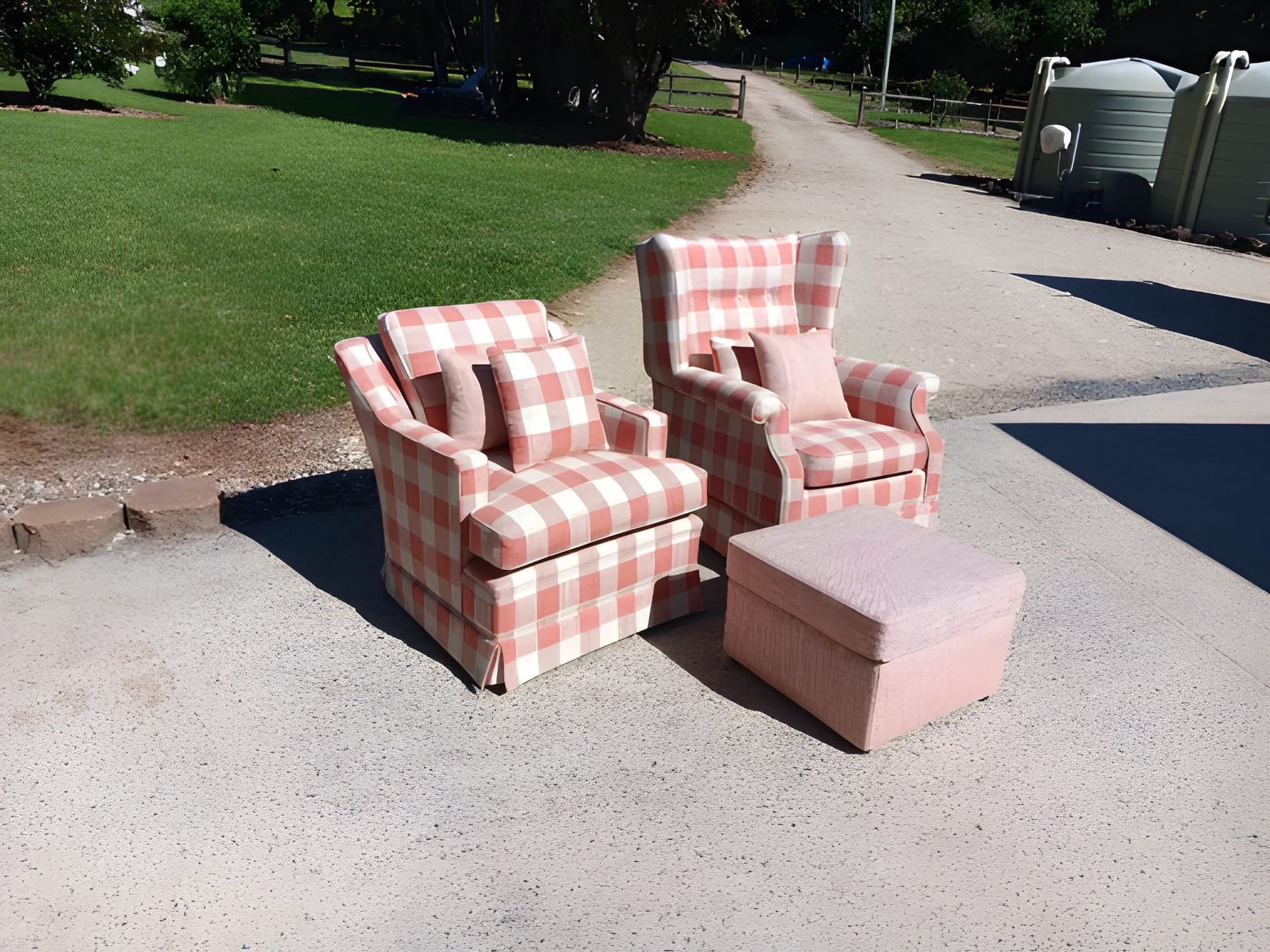 A Two Pink Plaid Armchairs and a Matching Ottoman — Cupitt's Quality Upholstery in Byron Bay, NSW