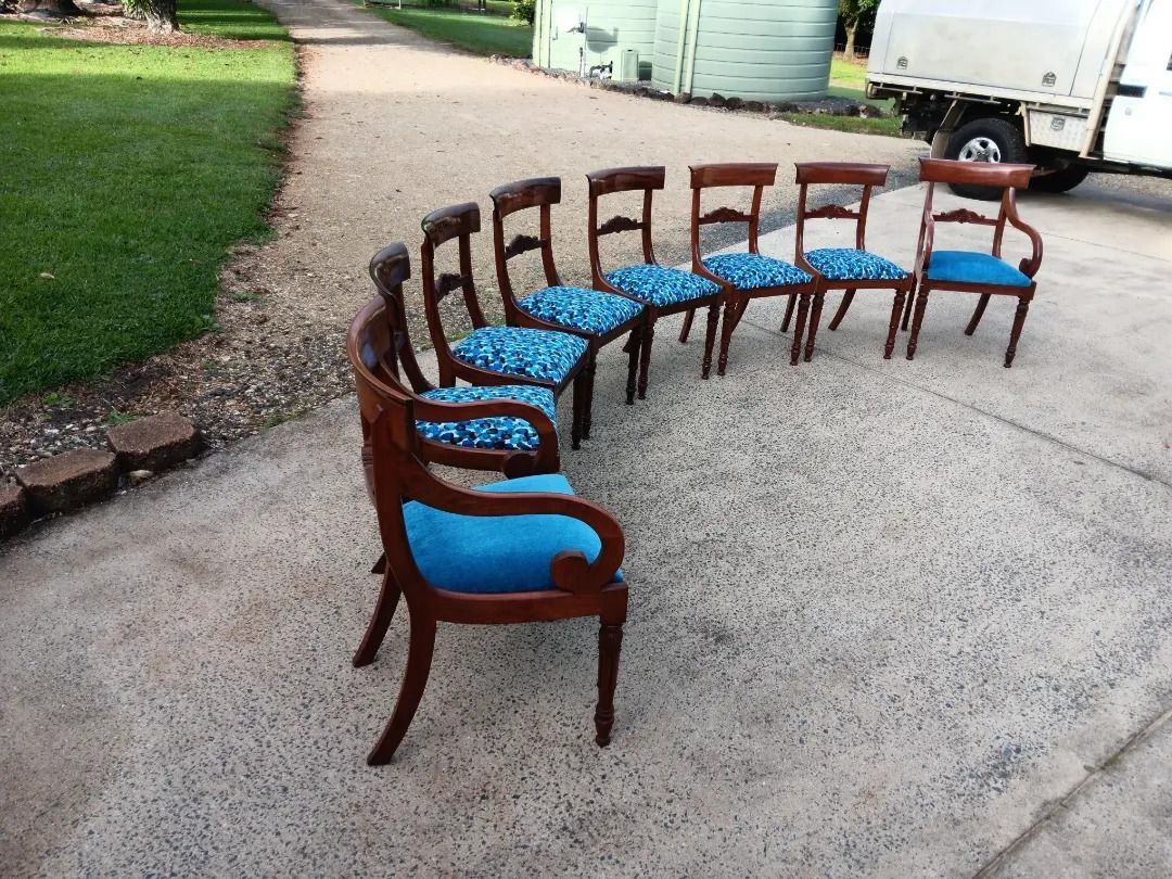 A Nine Antique Wooden Chairs With Blue Seats — Cupitt's Quality Upholstery in Lismore, NSW