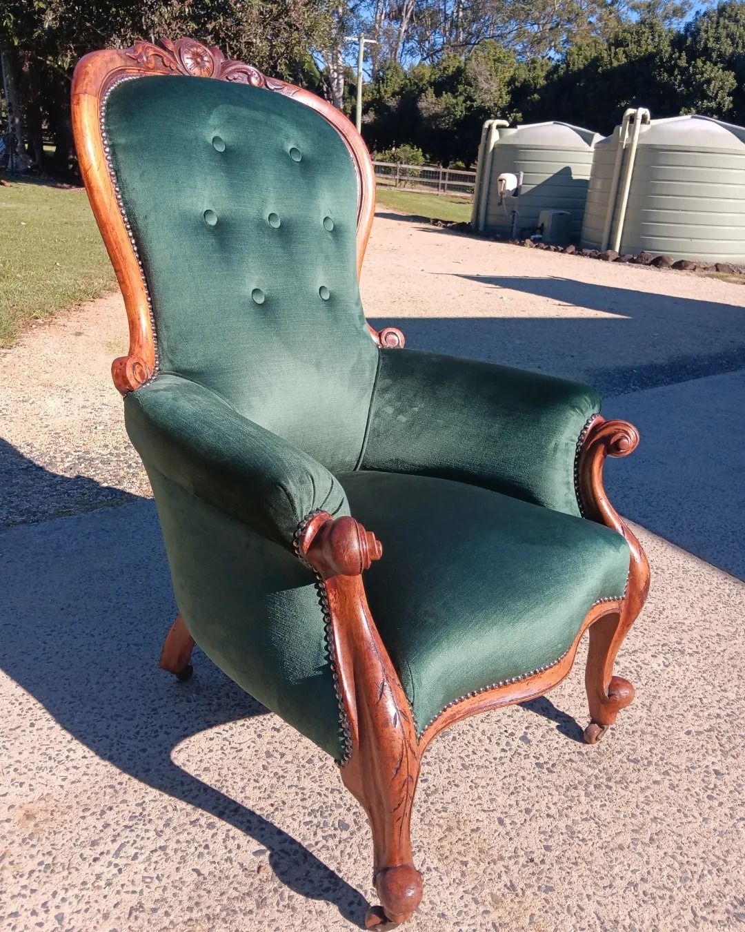 A Green Velvet Victorian Armchair With Wood Trim — Cupitt's Quality Upholstery in Rous, NSW