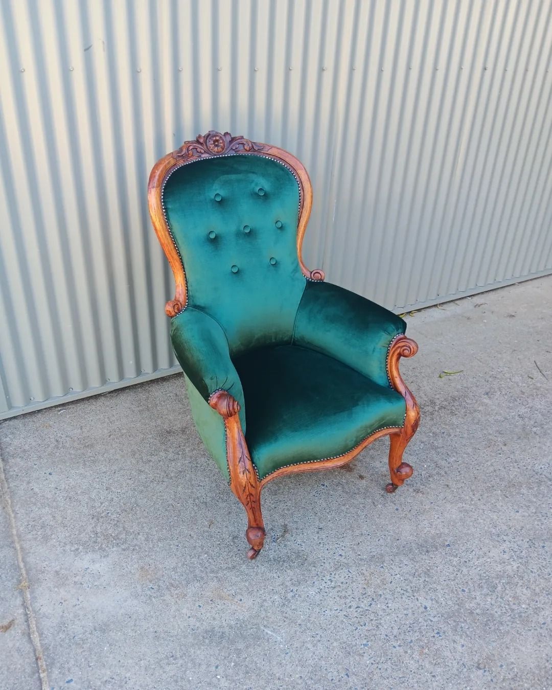 A Green Velvet Antique Chair With Carved Wooden Frame — Cupitt's Quality Upholstery in Rous, NSW
