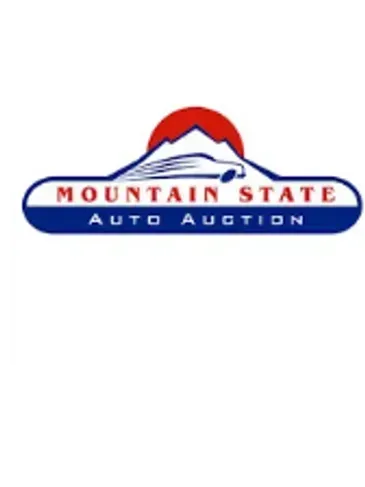 Mountain State Auto Auction logo: blue and white oval with mountains, red sun, car silhouette.