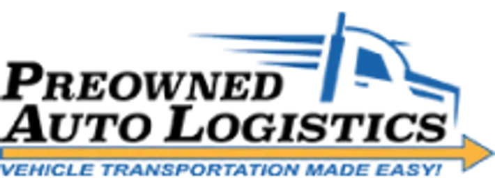 Logo for Preowned Auto Logistics: text with a stylized blue truck, yellow arrow, and the tagline