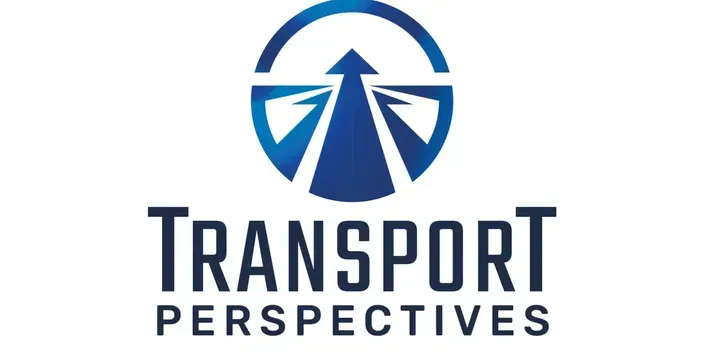 Logo for Transport Perspectives, featuring a blue arrow pointing up inside a blue circle, with the company name below.