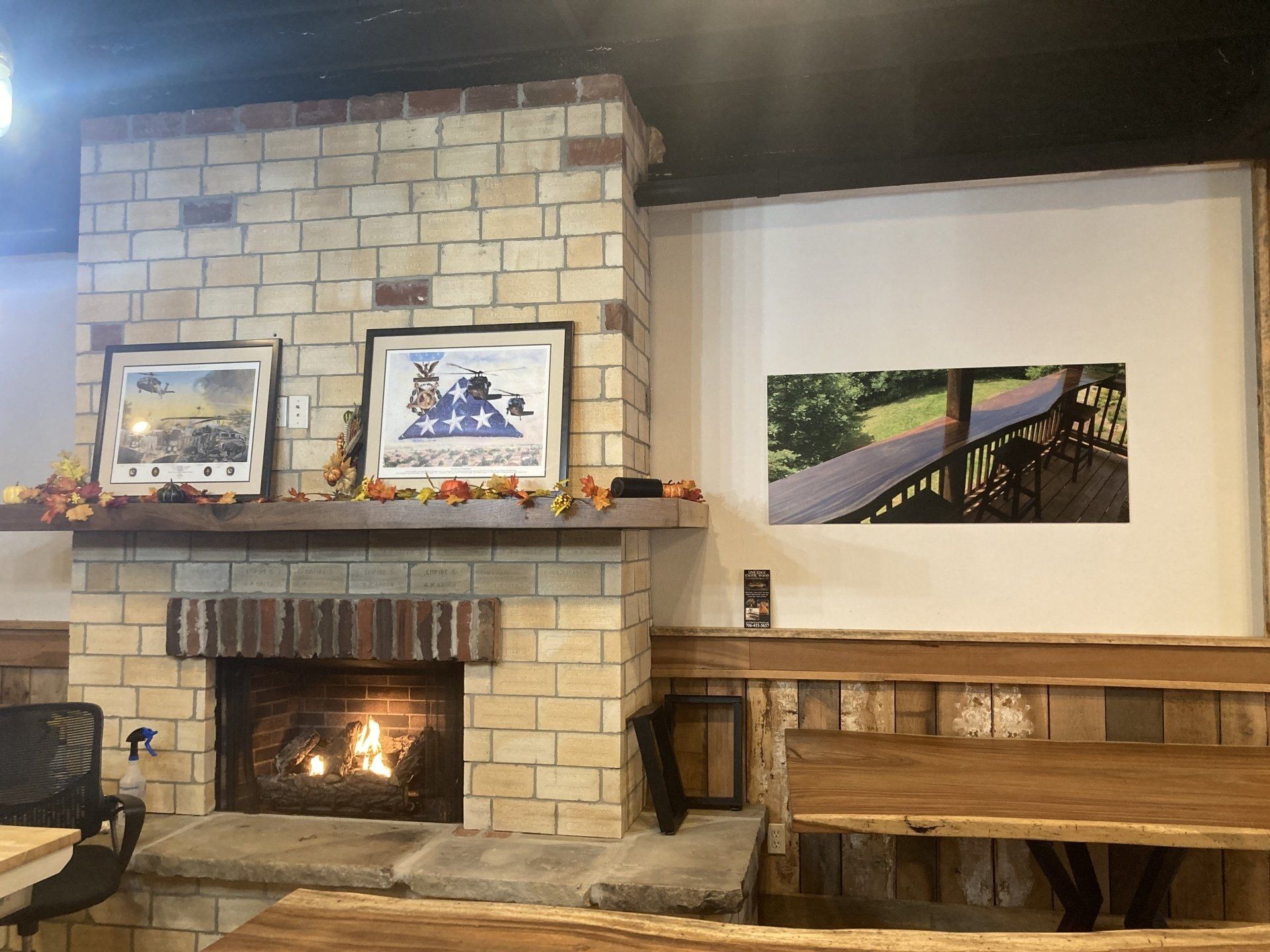 There is a fireplace in the middle of the room.