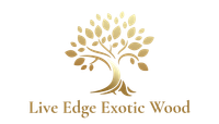The logo for live edge exotic wood is a tree with leaves.