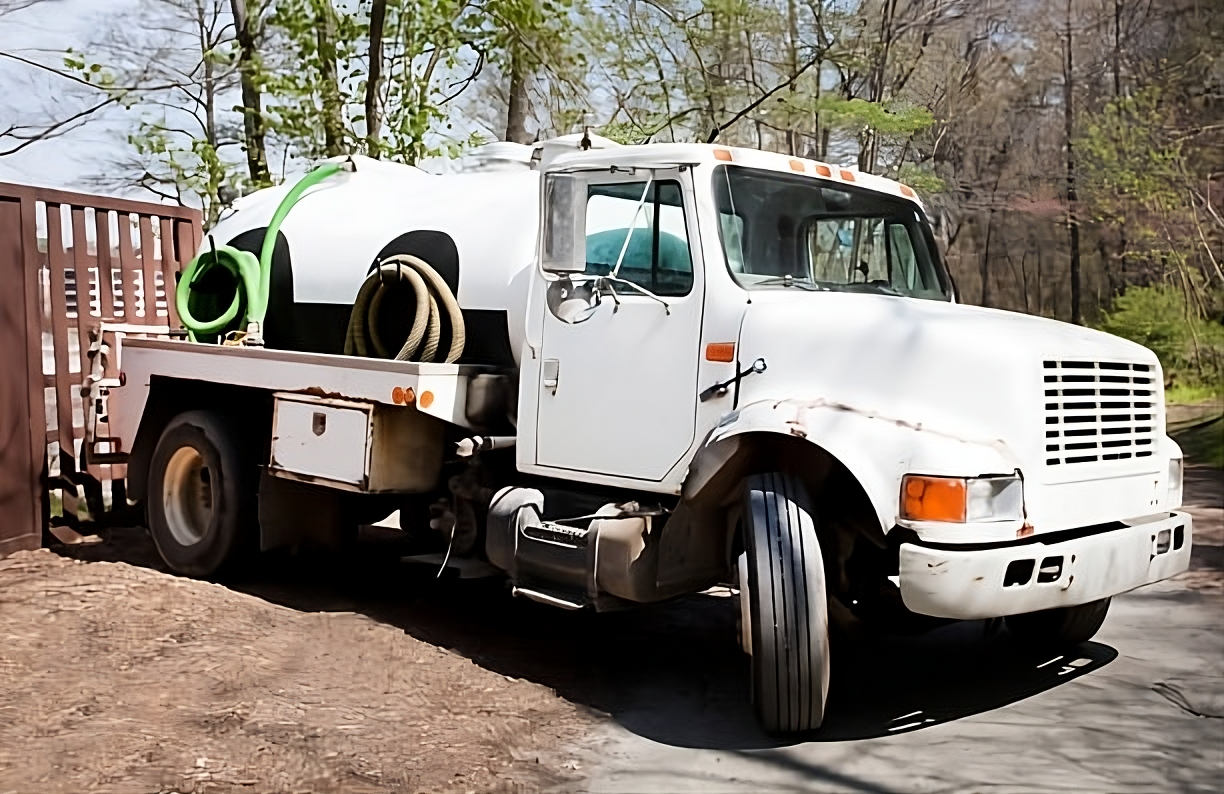 A professional septic pump truck prepared for residential septic tank maintenance.