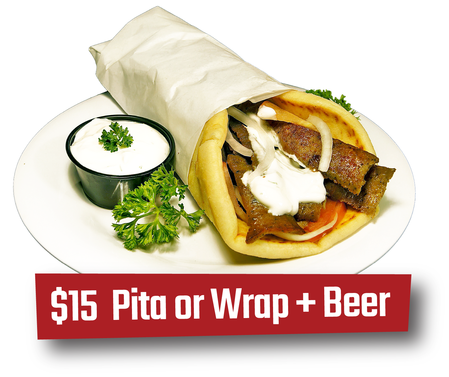 $15 Pita or Wrap + Beer Special