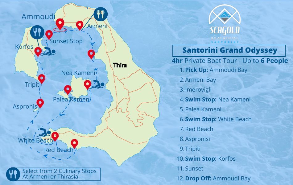 Full day private boat tour watching sunset over Santorini caldera