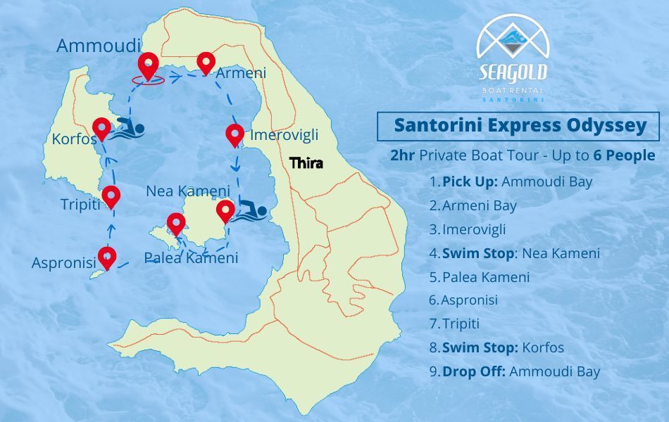  Private 2 hour boat tour passing Imerovigli cliffs in Santorini caldera