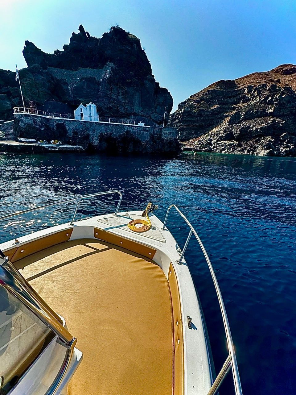 A boat available for rent in Santorini