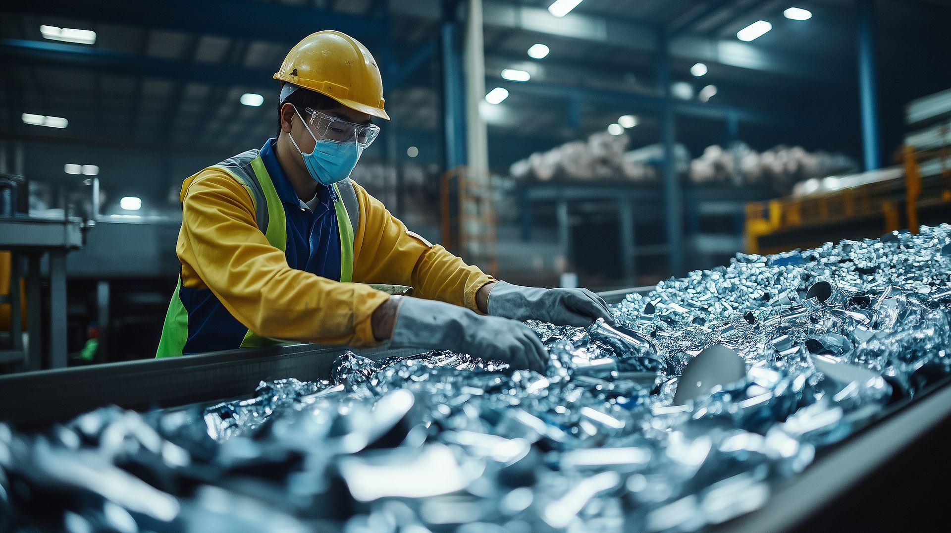 Factory employee in protective gear sorting aluminum scrap metal on a conveyor belt. Factory employee in protective gear sorting aluminum scrap metal on a conveyor belt.
