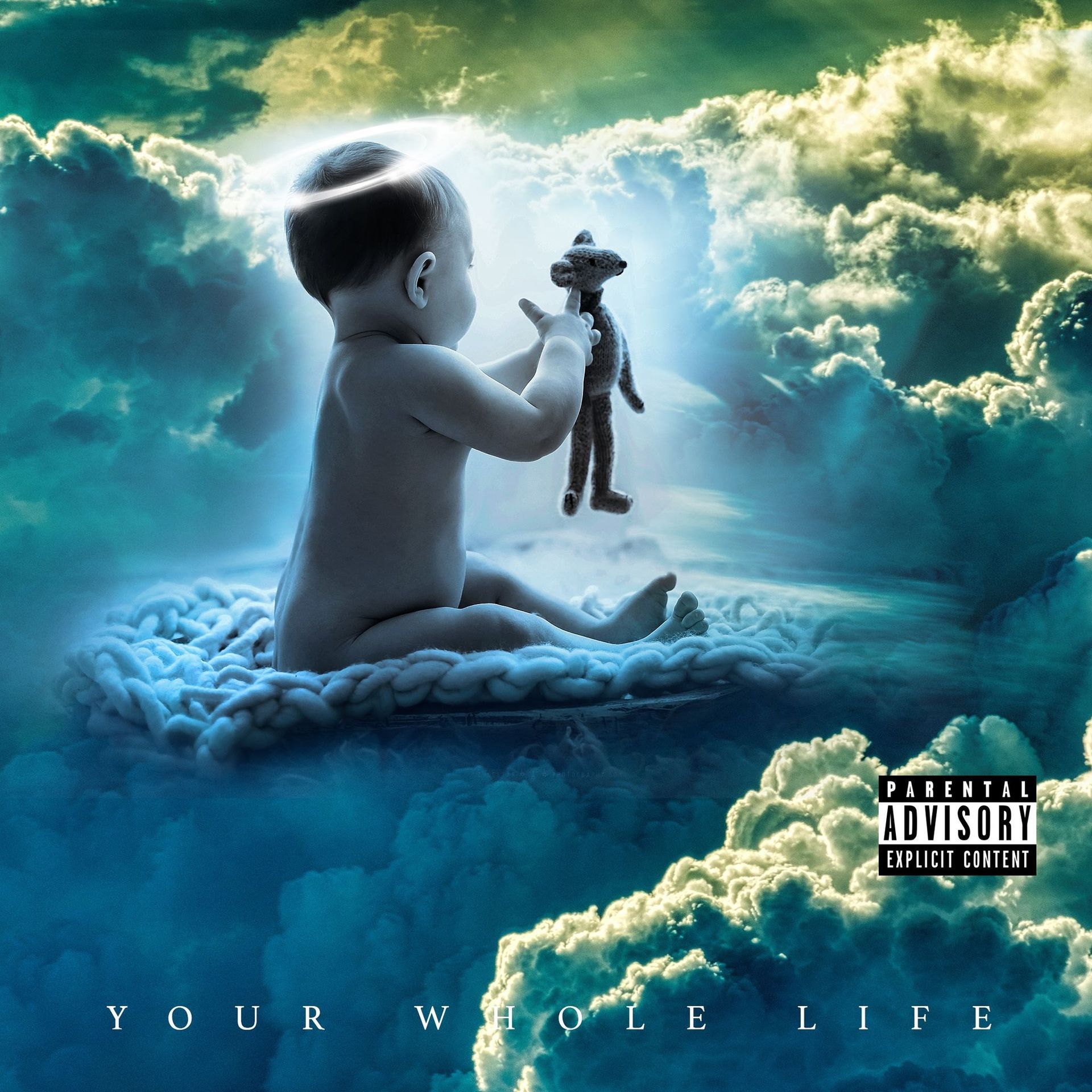 A baby with a halo sits on a cloud, reaching for a teddy bear in a sky of blues and greens.