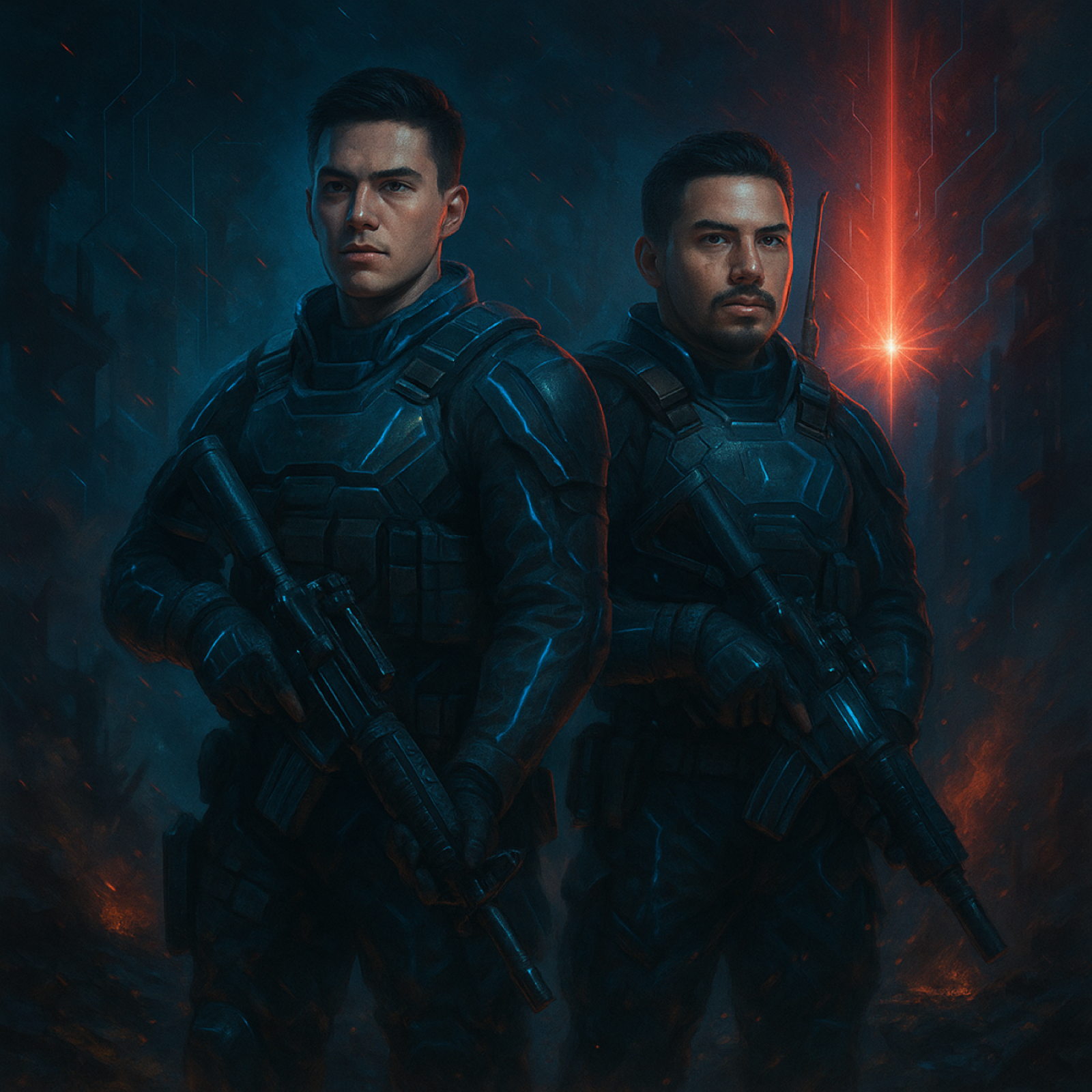 Two soldiers in dark armor holding rifles, set against a blue and red illuminated backdrop.